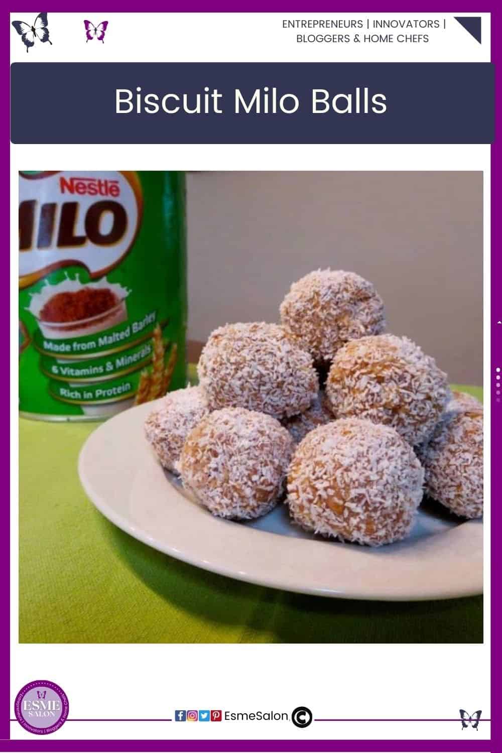 an image of a white plate on a green table cloth with a stack of Biscuit Milo Balls with a tin of Milo in the background