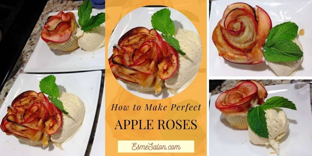 Apple roses with ice-cream on a white serving dish and mint leaves