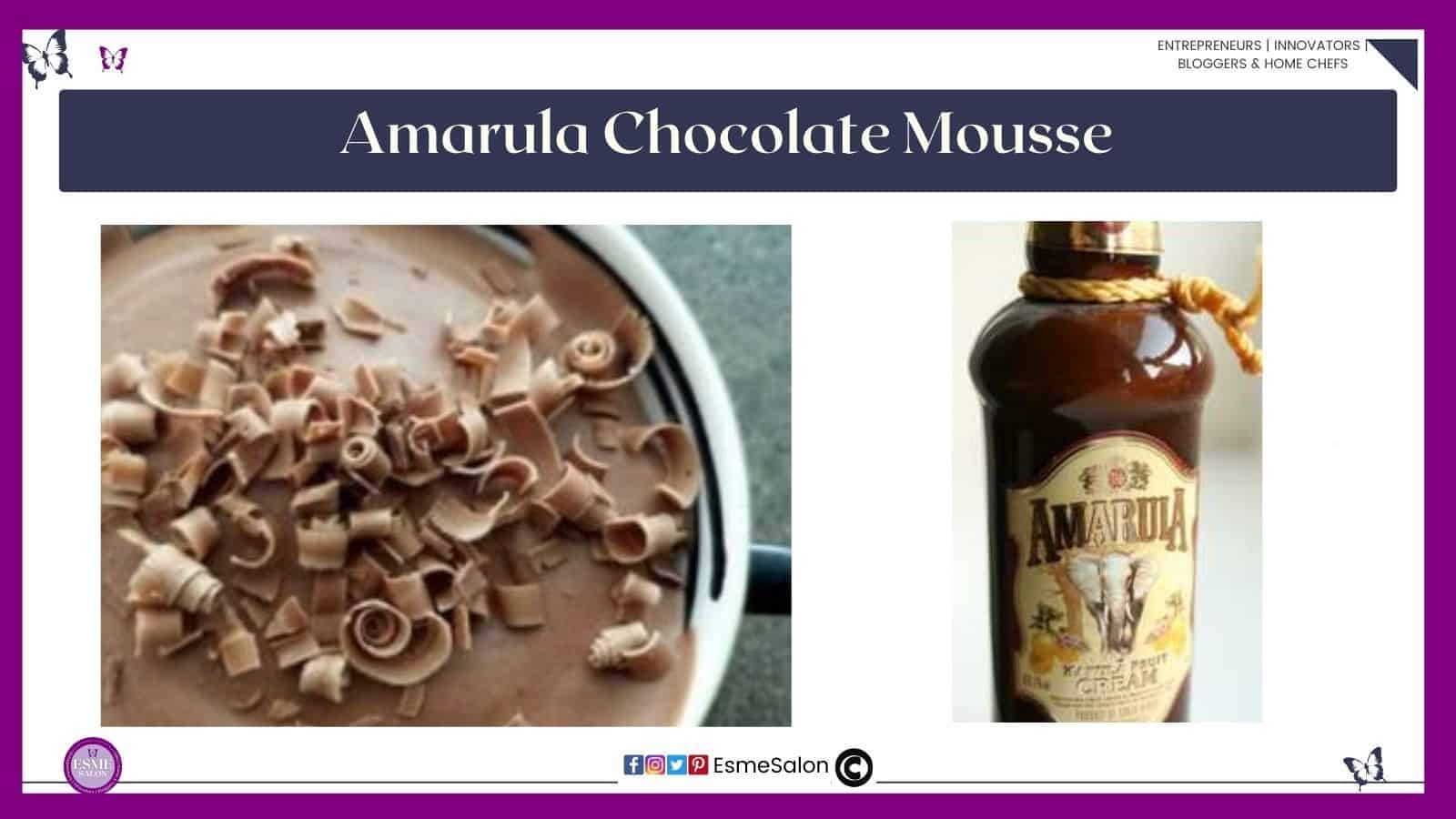 an image of an Amarula Chocolate Mousse as a single serving, with a bottle Amarula on the side