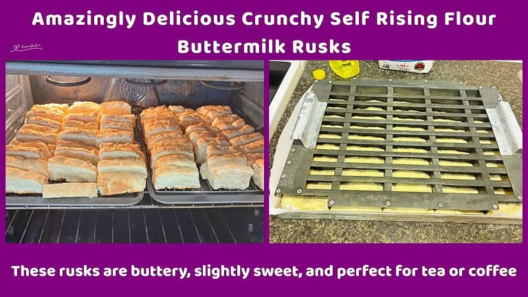 An image of Crunchy Self Rising Flour Buttermilk Rusks in the process of mixing and baking and drying out