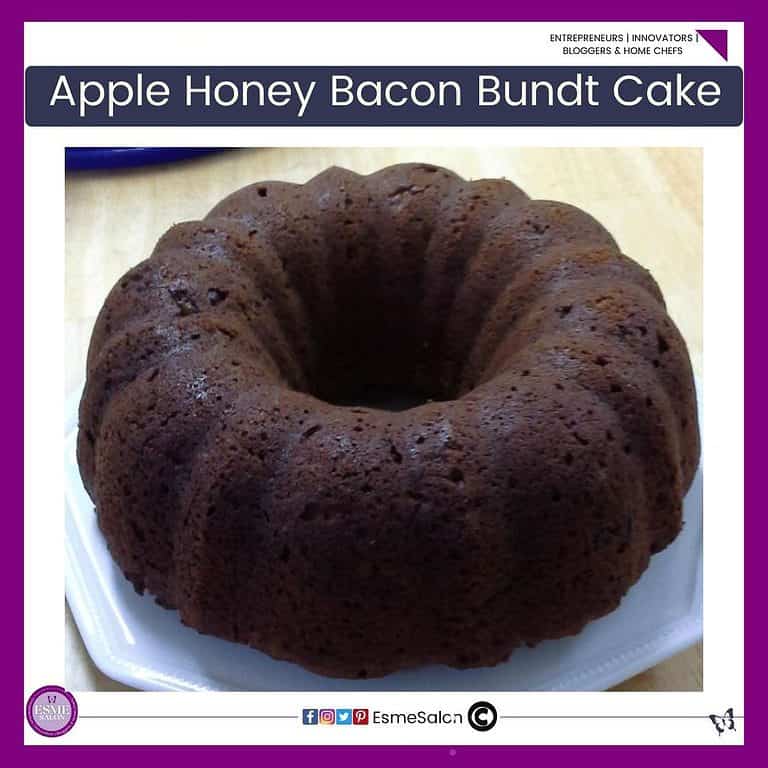 an image of an Apple Honey Bacon Bundt Cake on a white plate