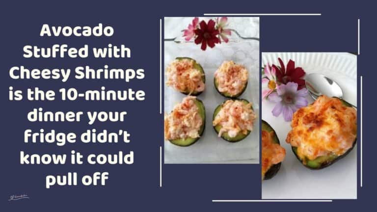 an image of avocado halved and Stuffed with Cheesy Shrimps