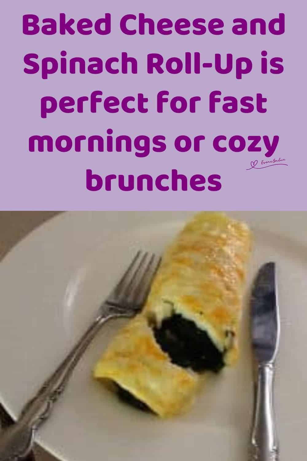 an image of a Baked Cheese and Spinach Roll-Up on a white plate with a knife and fork