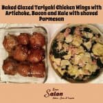 Baked Glazed Teriyaki Chicken Wings with Artichoke, Bacon and Kale with shaved Parmesan