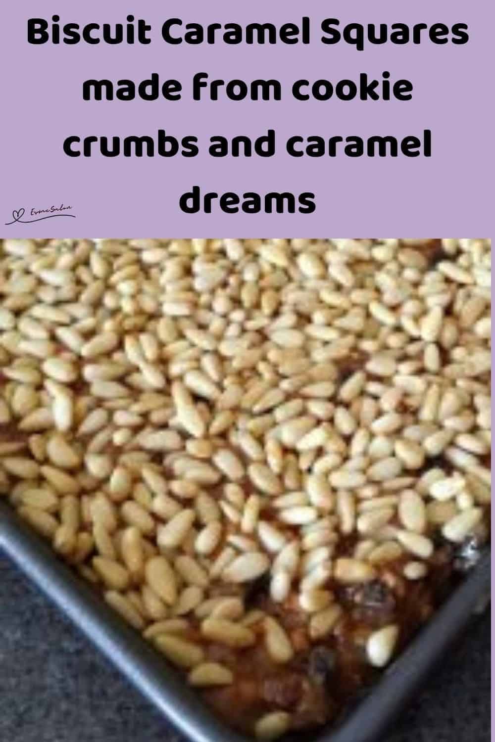 an image of a dish with Biscuit Caramel Squares topped with pine nuts