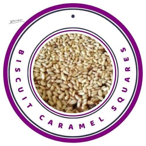 an image of a dish with Biscuit Caramel Squares topped with pine nuts