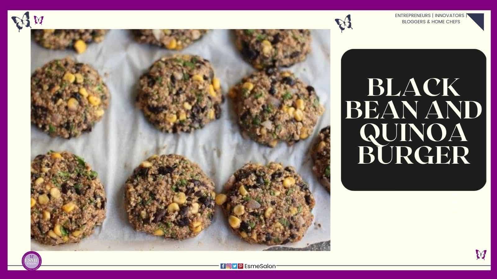 an image of raw Black Bean and Quinoa Burgers on parchment paper ready to be prepared
