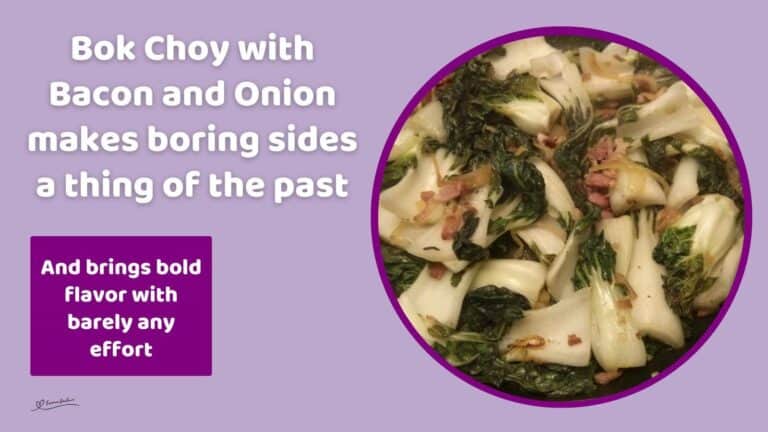an image of a pan with Bok Choy with Bacon and Onion