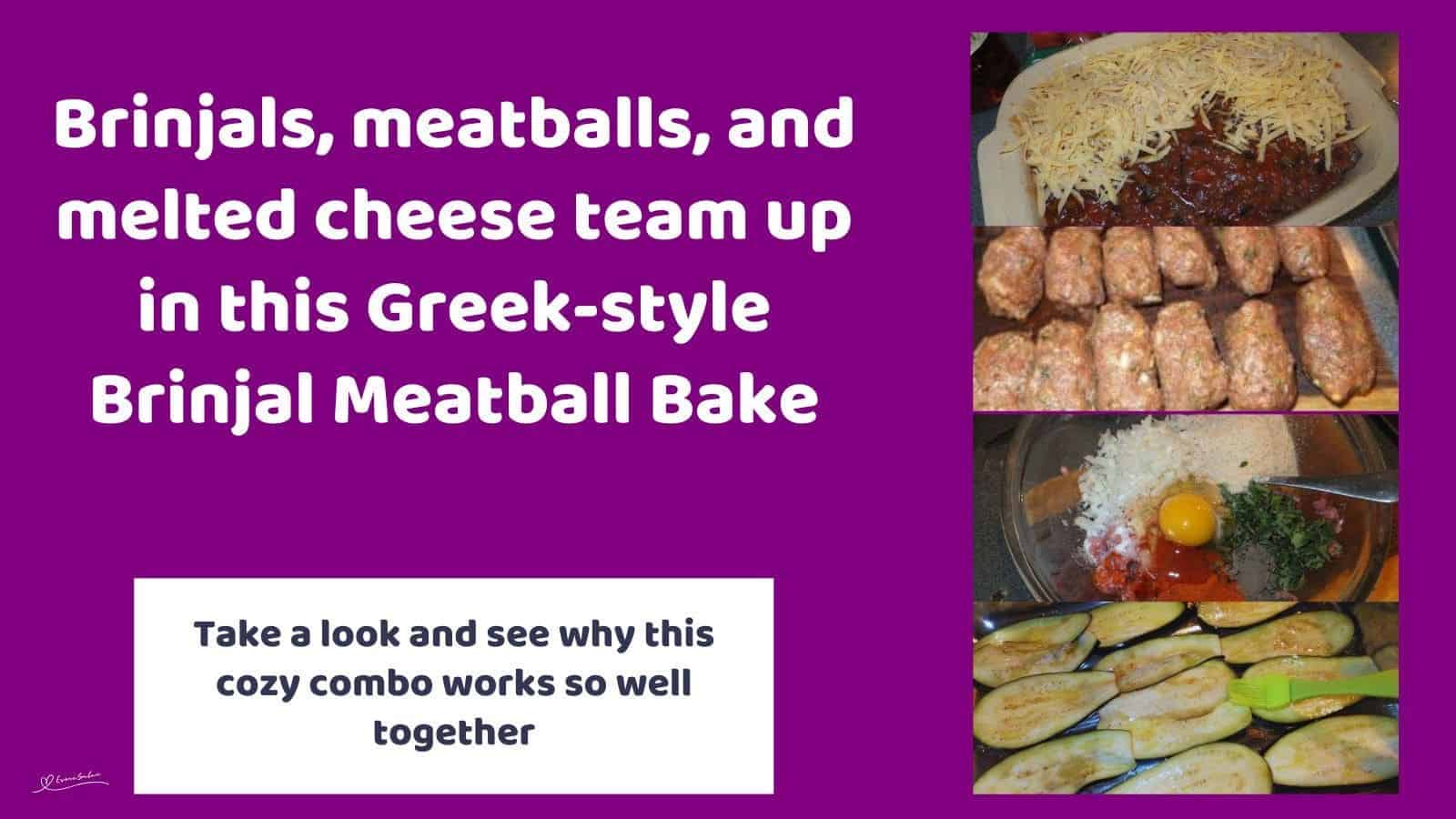 an image of Greek-style Brinjal Meatball Bake in the making and being served