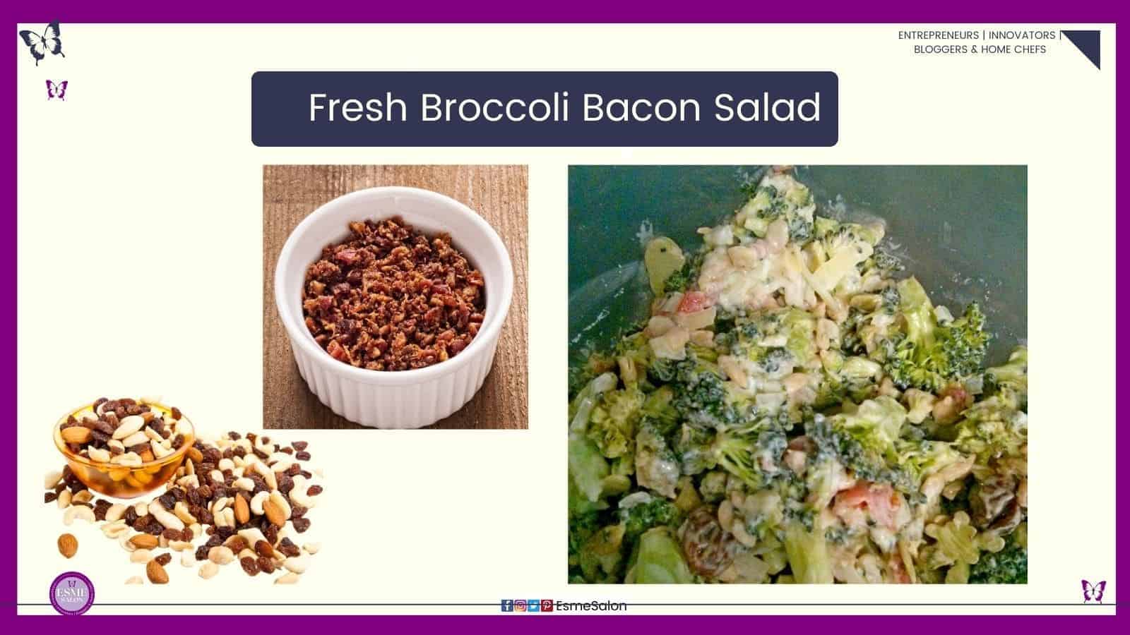 an image of a glass bowl filled with Fresh Green Broccoli and Bacon Salad with raisins and nuts