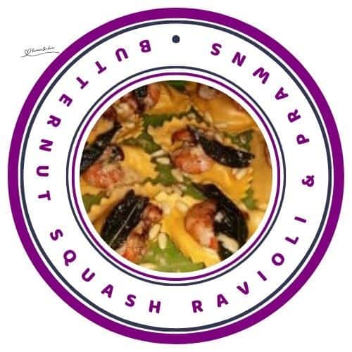 an image of butternut squash ravioli with prawns