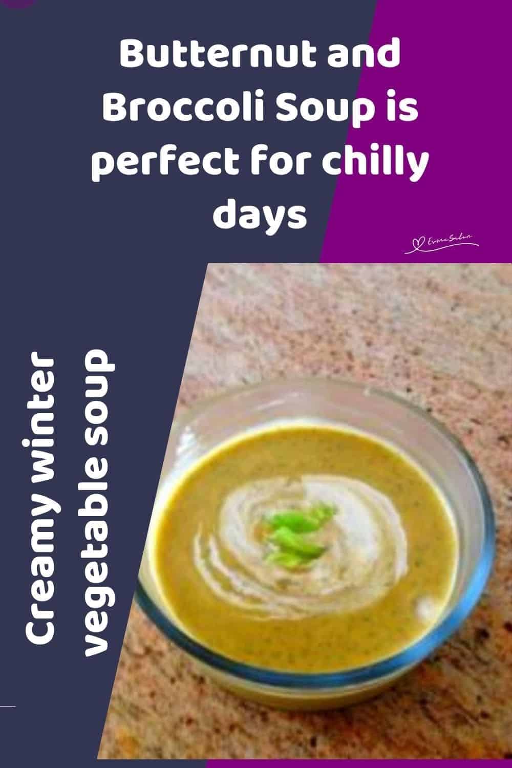 an image of a round glass dish with Butternut and Broccoli Soup