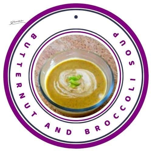 an image of a round glass dish with Butternut and Broccoli Soup