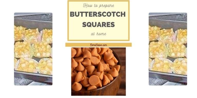 Butterscotch Squares in colored paper cup holders in a baking tray and a bowl of Butterscotch candies in a wooden bowl