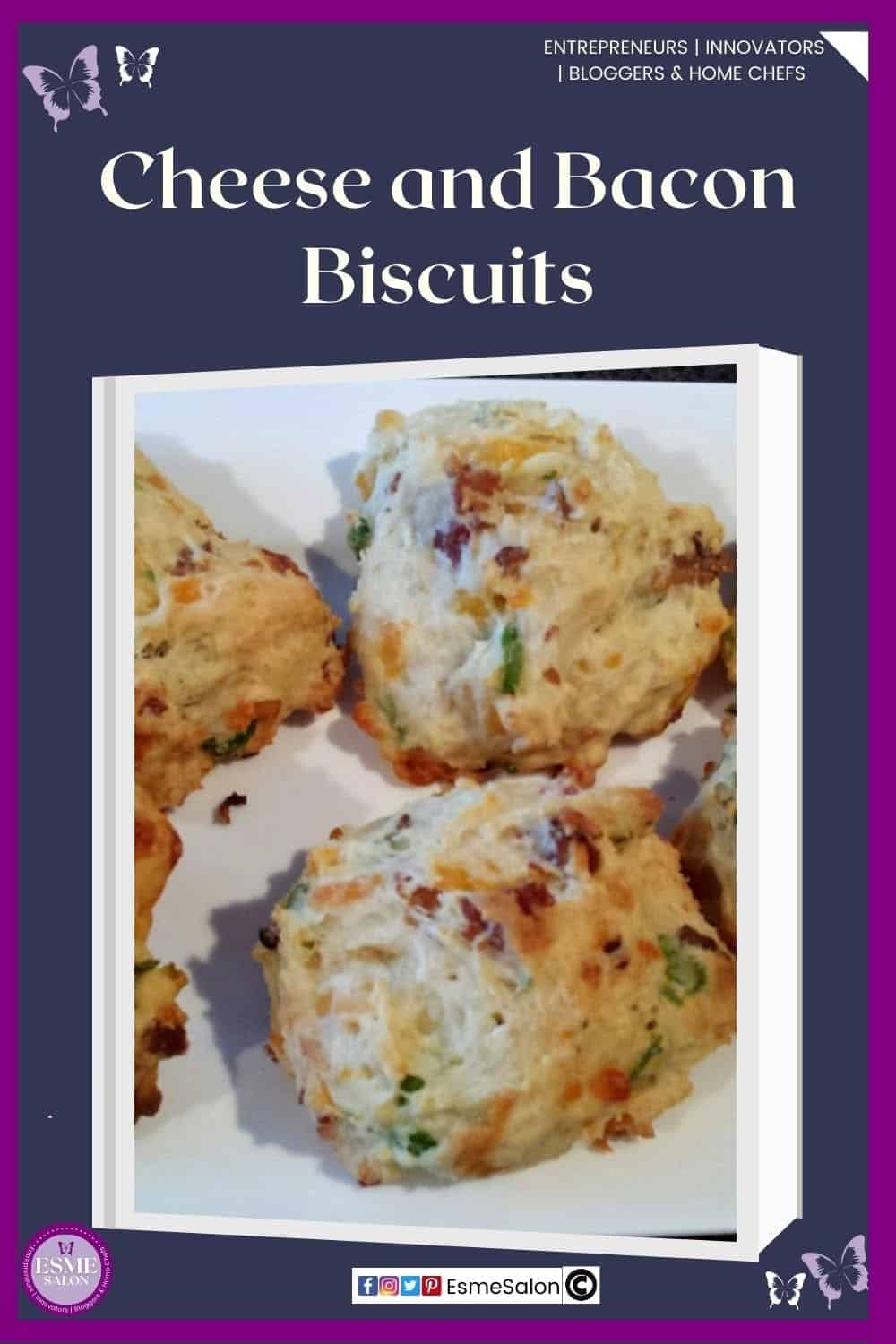 an image of rustic looking Cheese and Bacon Biscuits with chives served on a white oblong platter