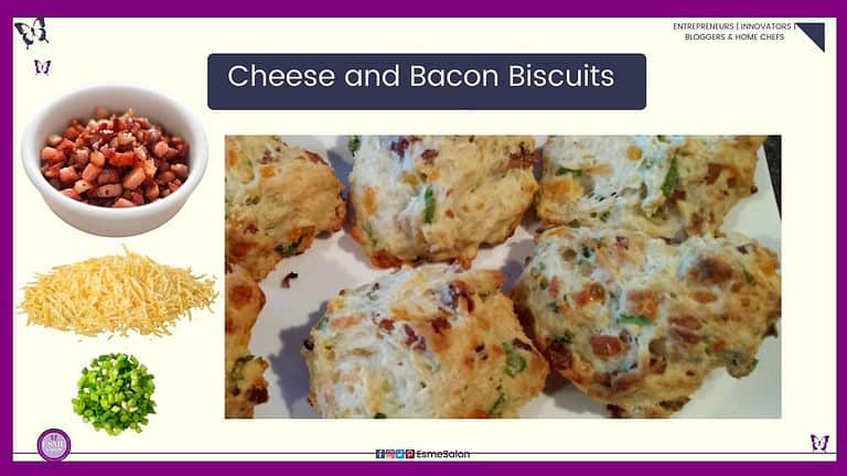 an image of rustic looking Cheese and Bacon Biscuits with chives served on a white oblong platter