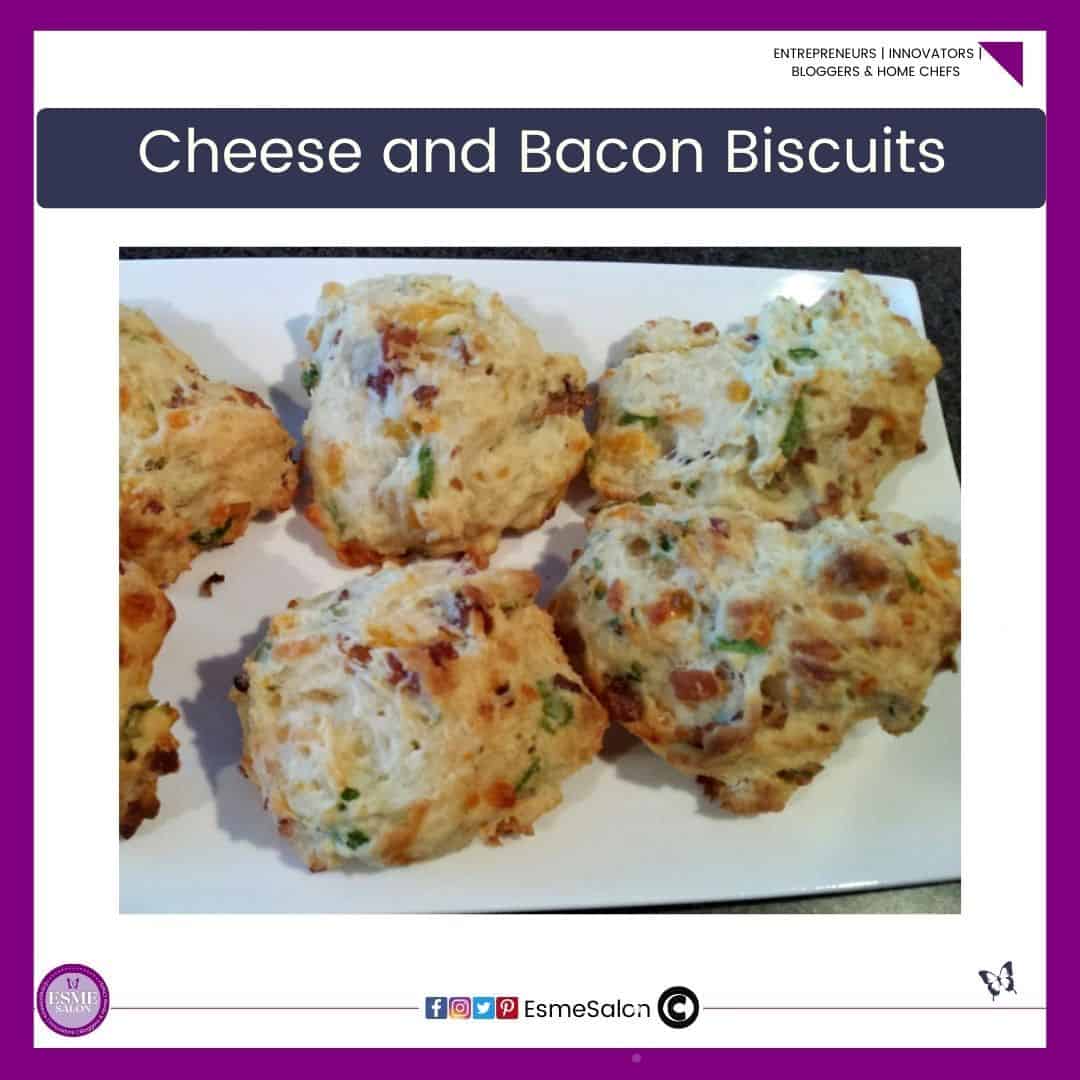 an image of rustic looking Cheese and Bacon Biscuits with chives served on a white oblong platter