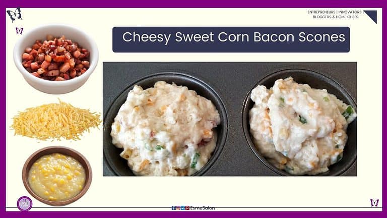 an image of a raw Cheesy Sweet Corn Bacon Scone in a muffin pan