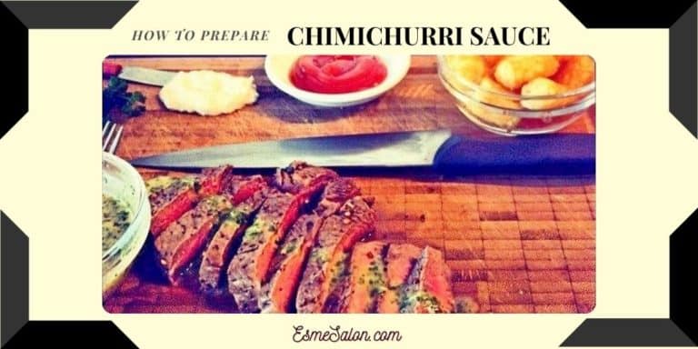 Slices of steak with Chimichurri Sauce on wooden board