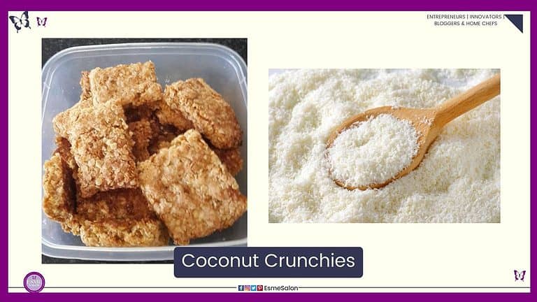 an image of a plastic container filled with Coconut Crunchies cookies/biscuits