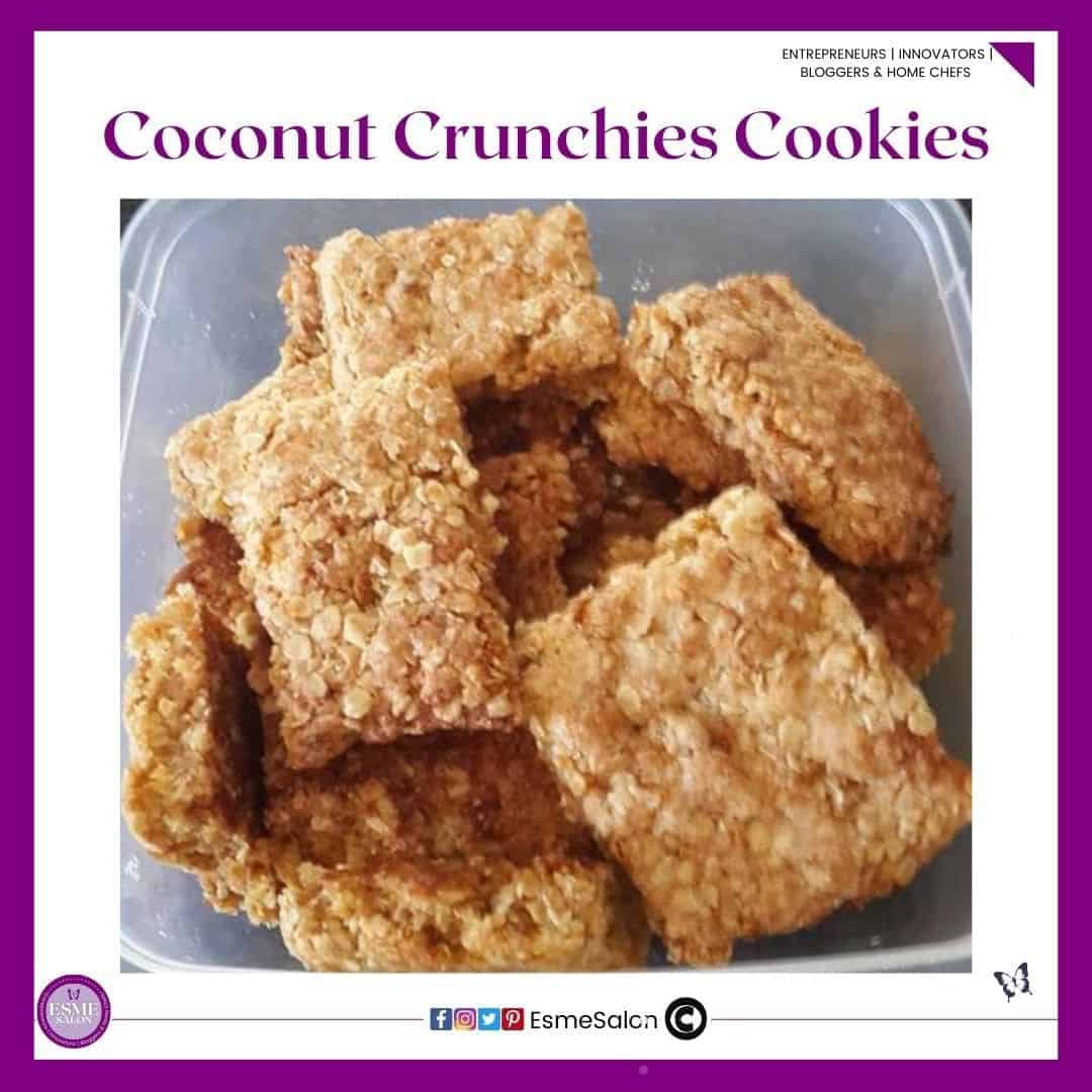 an image of a plastic container filled with Coconut Crunchies cookies/biscuits