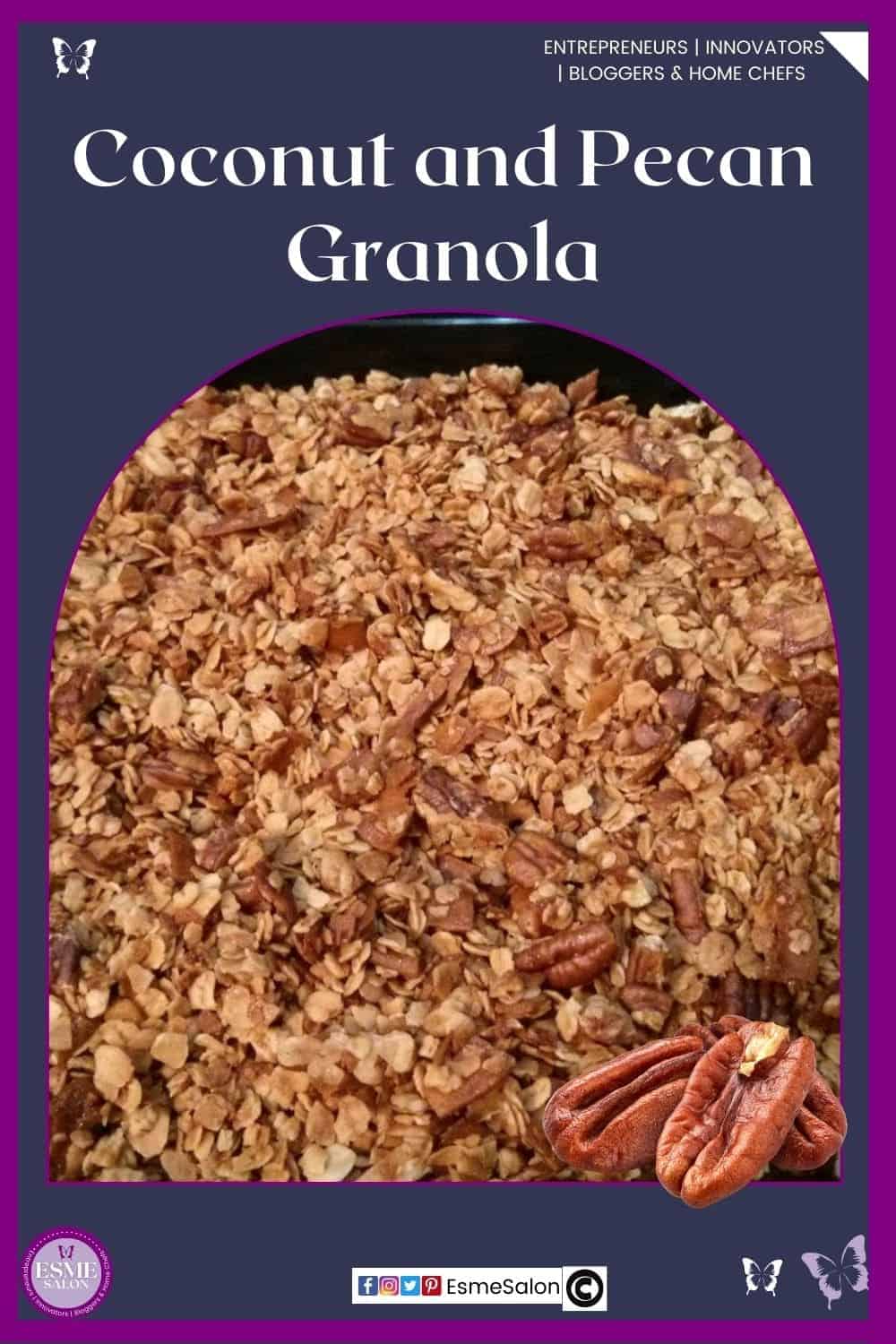 an image of a baking tray filled with Coconut and Pecan Granola and cracked pecans on the side