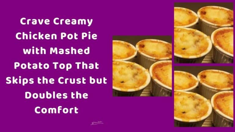 an image of an individual serving, in ramekin dish of Chicken Pot Pie with Mashed Potato Top