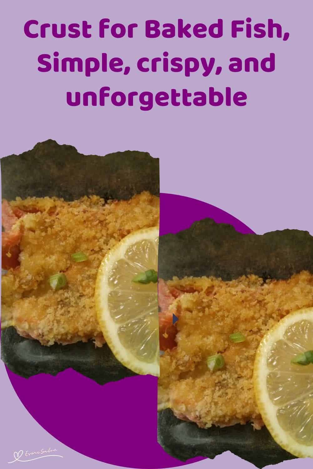 an image of fish with a crispy crust and a slice of lemon on the side