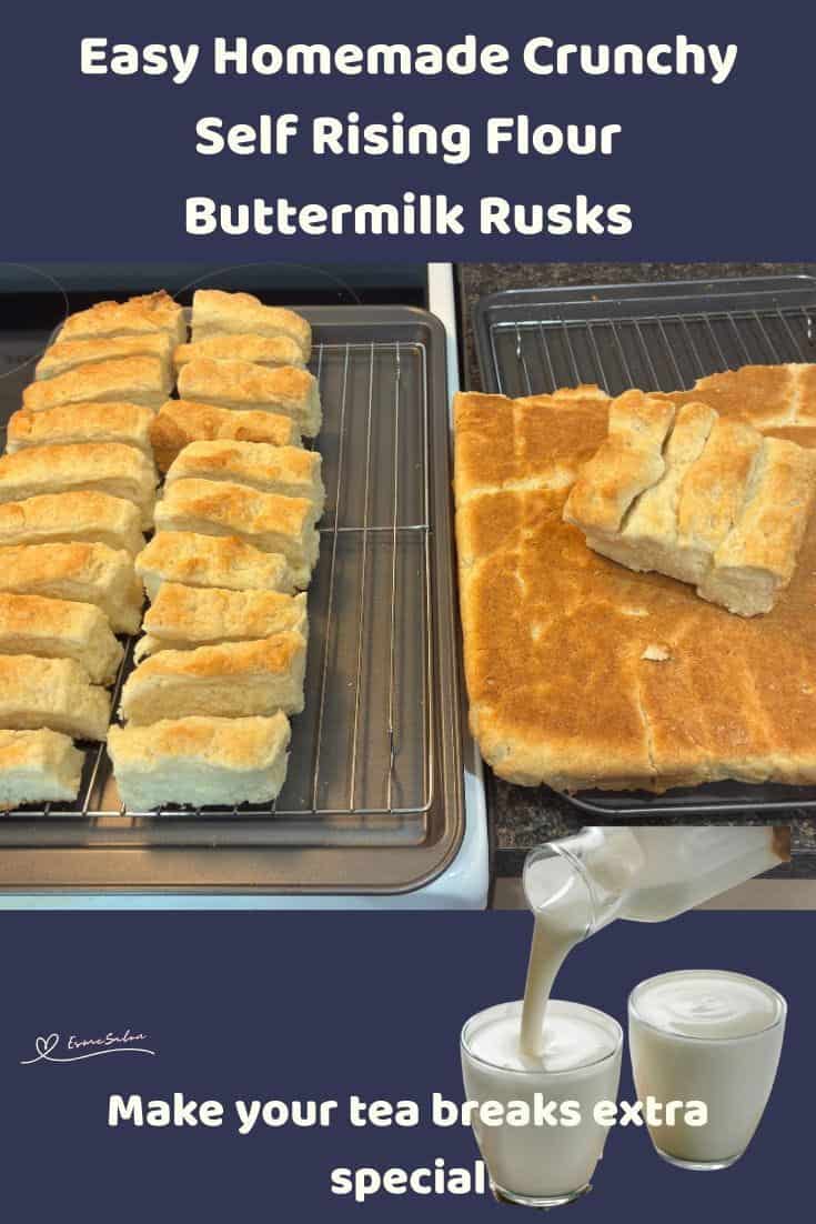 An image of Crunchy Self Rising Flour Buttermilk Rusks in the process of mixing and baking and drying out