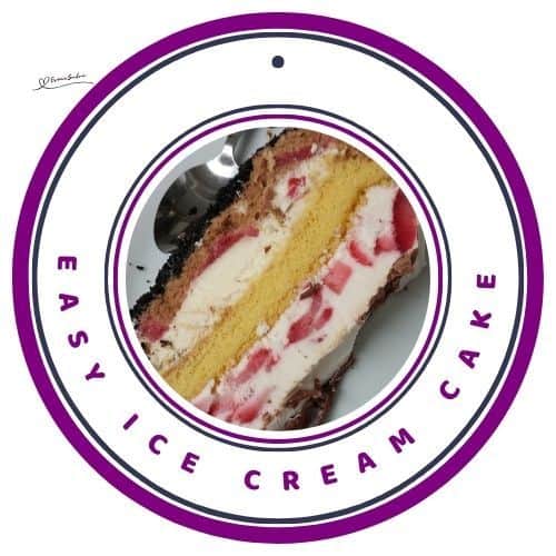 an image of an Easy Ice Cream Cake with chocolate drizzle