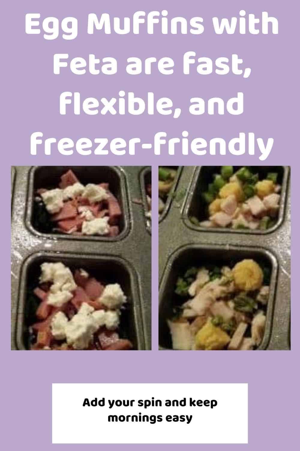 an image of a square muffin tin filled with ingredients for Egg Muffins with Feta