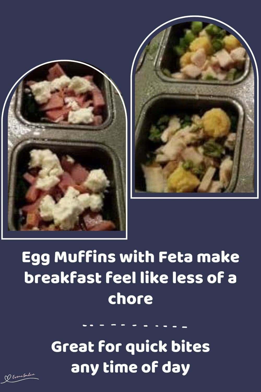an image of a square muffin tin filled with ingredients for Egg Muffins with Feta