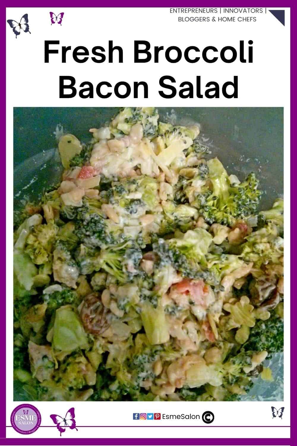 an image of a glass bowl filled with Fresh Green Broccoli and Bacon Salad with raisins and nuts