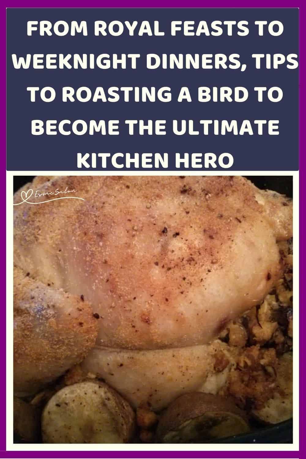 An image of roasted bird with stuffing and veggies