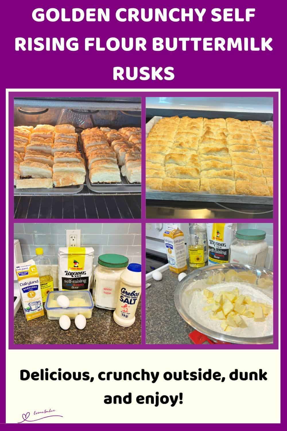 An image of Crunchy Self Rising Flour Buttermilk Rusks in the process of mixing and baking and drying out