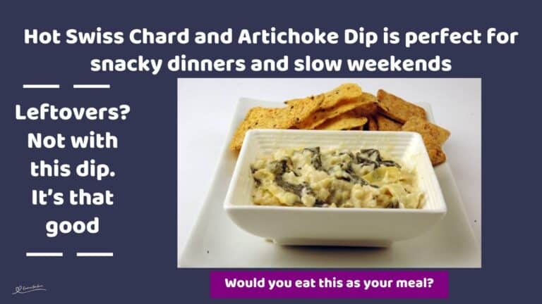 an image of a white dish with Hot Swiss Chard and Artichoke Dip and crackers