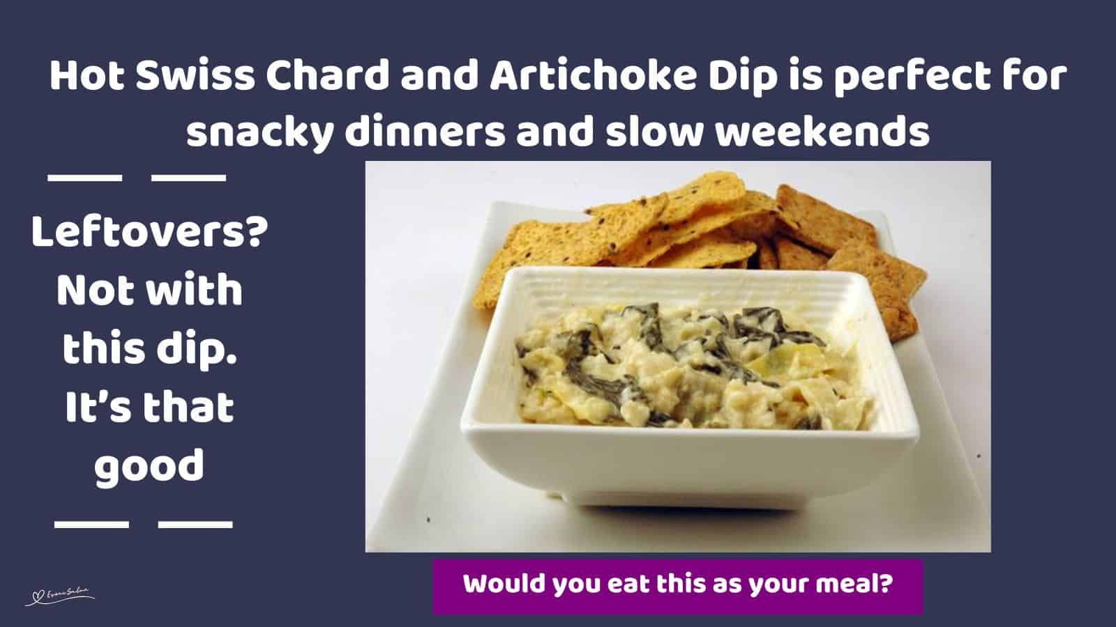 an image of a white dish with Hot Swiss Chard and Artichoke Dip and crackers