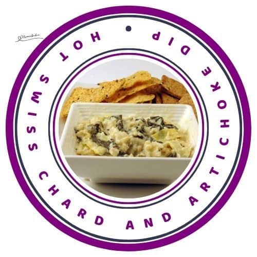 an image of a white dish with Hot Swiss Chard and Artichoke Dip and crackers