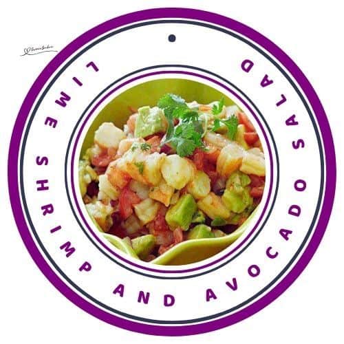an image of a salad bowl filled with Lime Shrimp and Avocado Salad