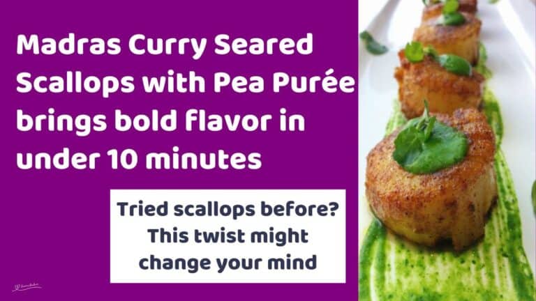 an image of Madras Curry Seared Scallops with pea purée