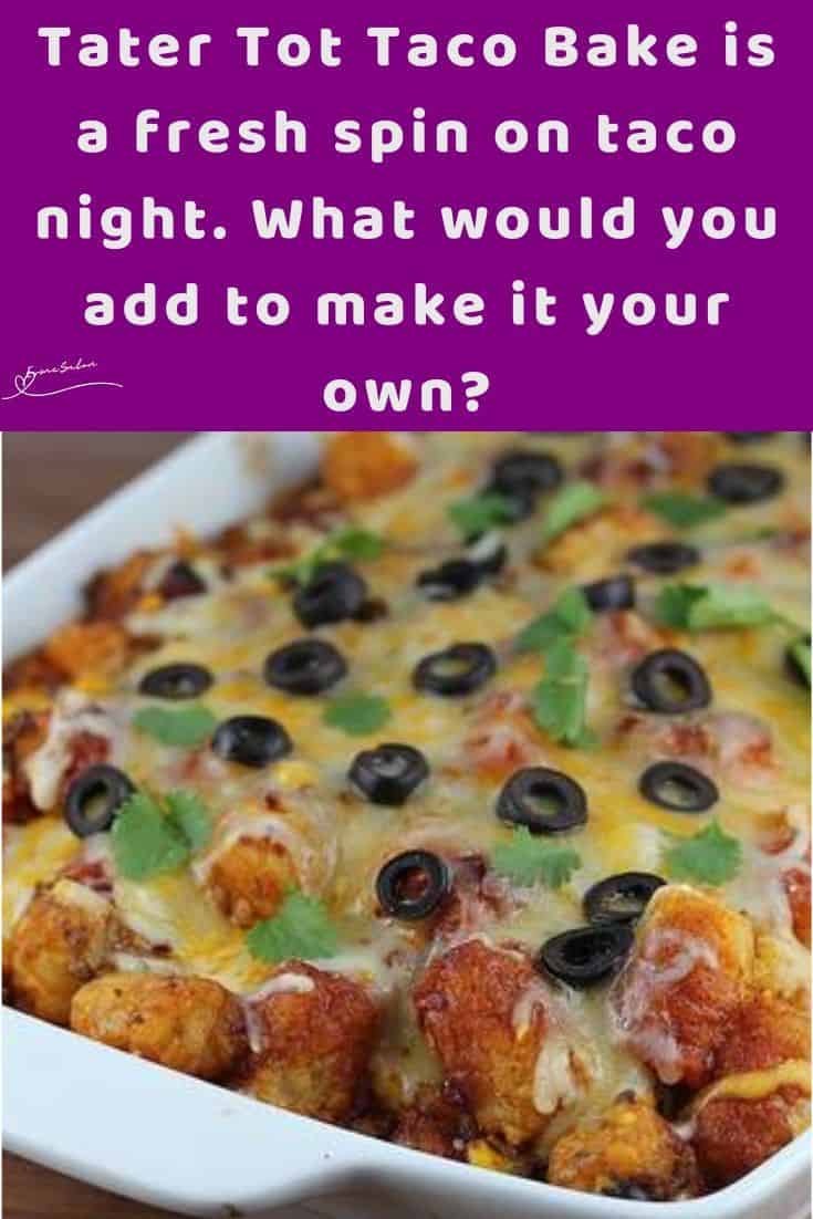 an image of a dish of Tater Tot Taco Bake topped with pitted black olives