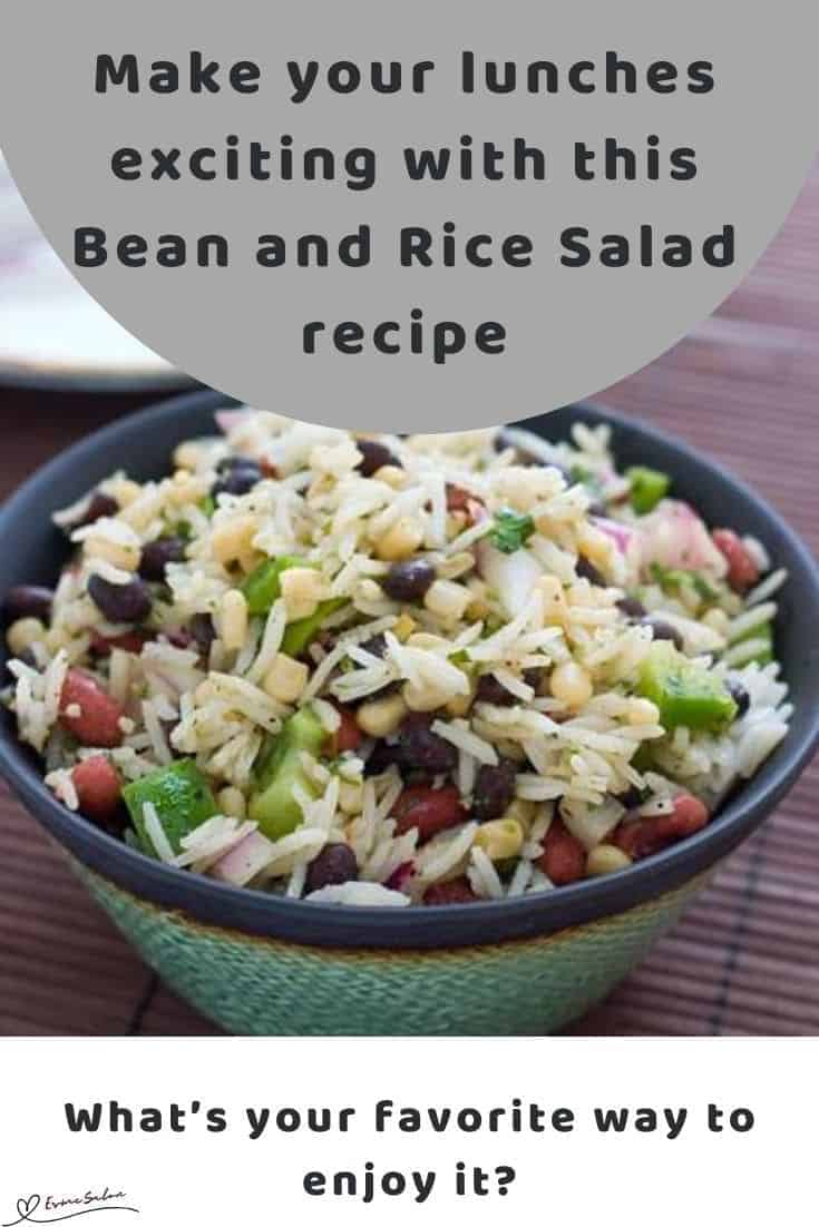 an image of a greenish ceramic bowl filled with Bean and Rice Salad