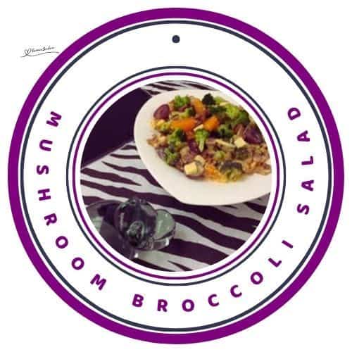 an image of a Mushroom Broccoli Salad in a fancy white salad bowl