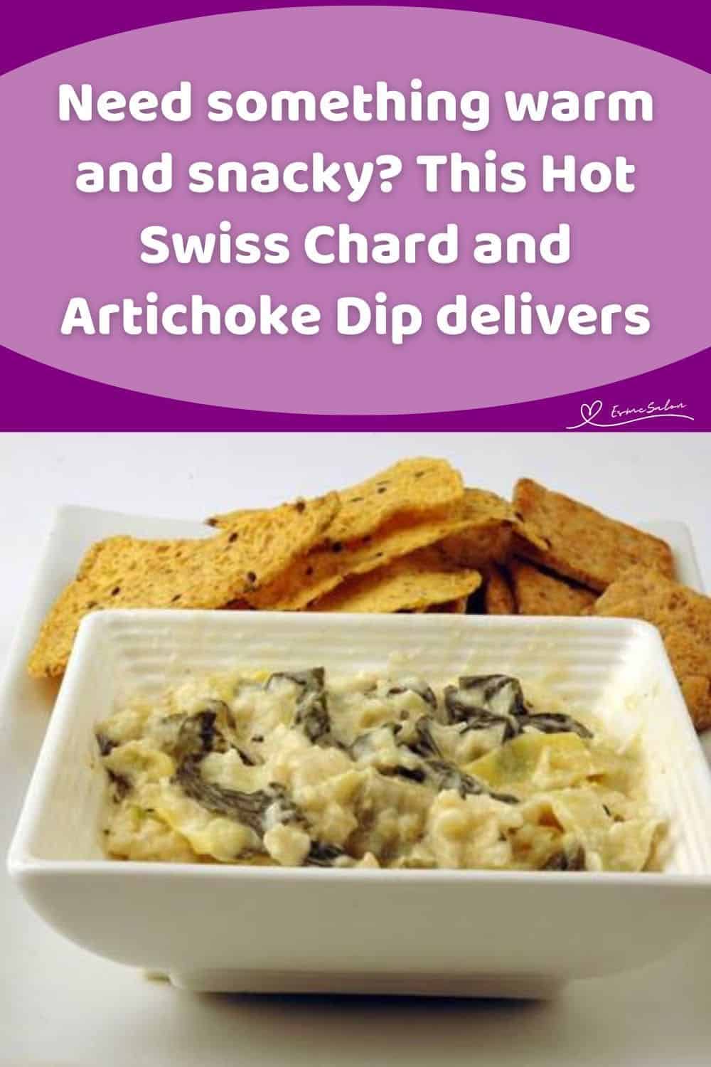 an image of a white dish with Hot Swiss Chard and Artichoke Dip and crackers