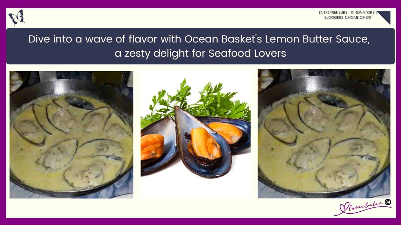 an image of a black cast iron pan with mussels in Ocean Basket's Lemon Butter Sauce