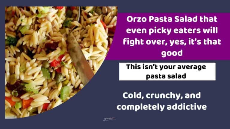 an image of a bowl of Orzo Pasta Salad with a wooden salad spoon