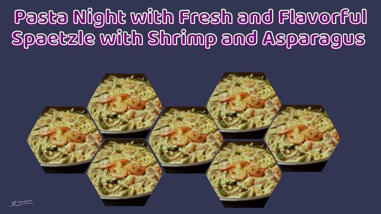 an image of a black serving dish with Spaetzle with Shrimp and Asparagus