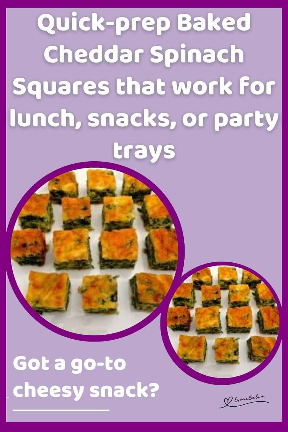 an image of small cubes of Baked Cheddar Spinach Squares