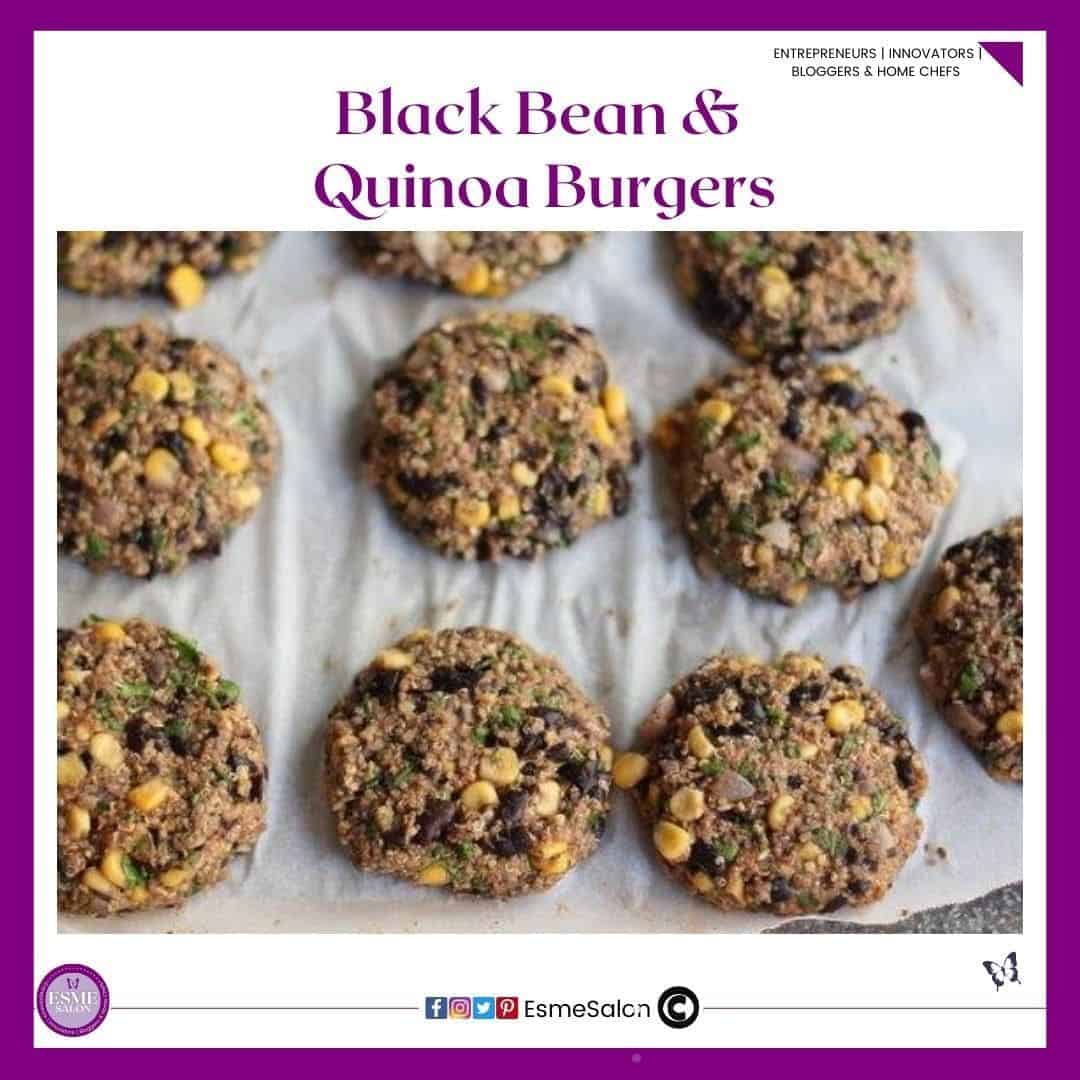 an image of raw Black Bean and Quinoa Burgers on parchment paper ready to be prepared