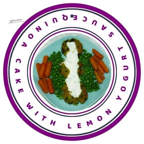 an image of Quinoa Cakes with Lemon Yogurt Sauce with veggies on a blue plate
